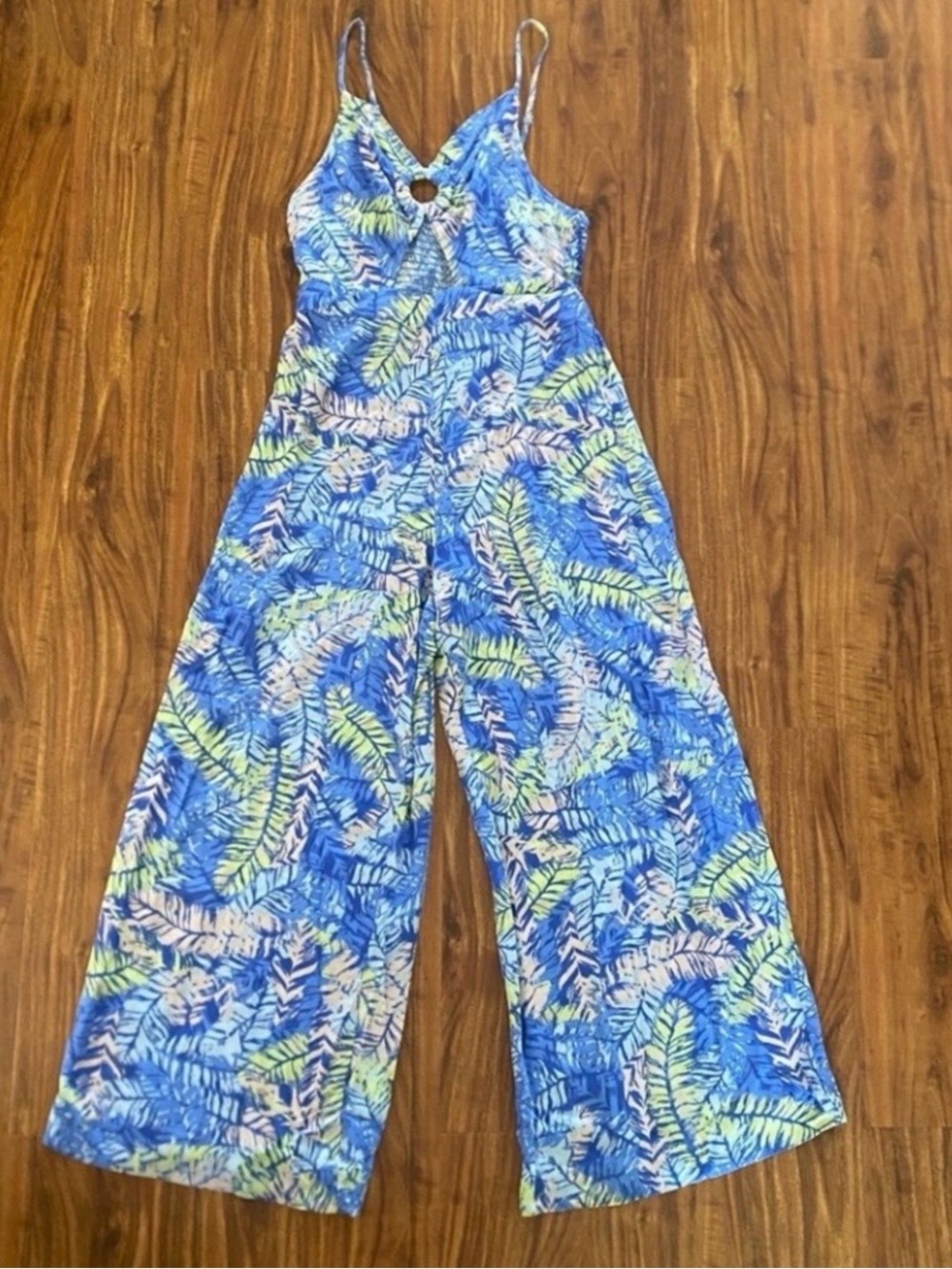 GOA Japna Juniors Blue Tropical Floral Keyhole Wide Leg Jumpsuit Boho Size Small